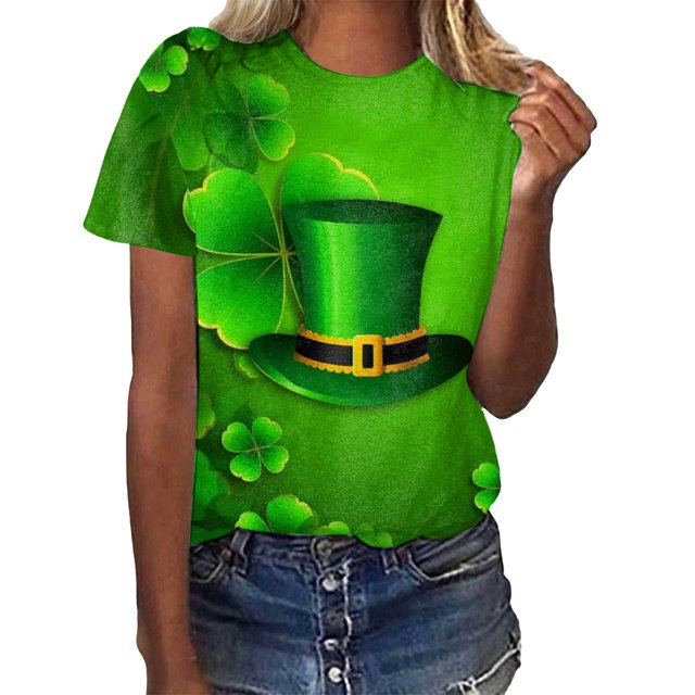 TSADFHJI T-Shirts Graphiques pour Femmes Adaptés à l'Impression St Pa Day Col Rond Manches Courtes Tee Tops Tunique Blouse TG Vert