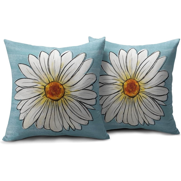 Outdoor Spring Pillow Covers Set Of 2 - Waterproof 18x18 Inch Floral Daisy Covers For Sofa, Patio, Garden Decor