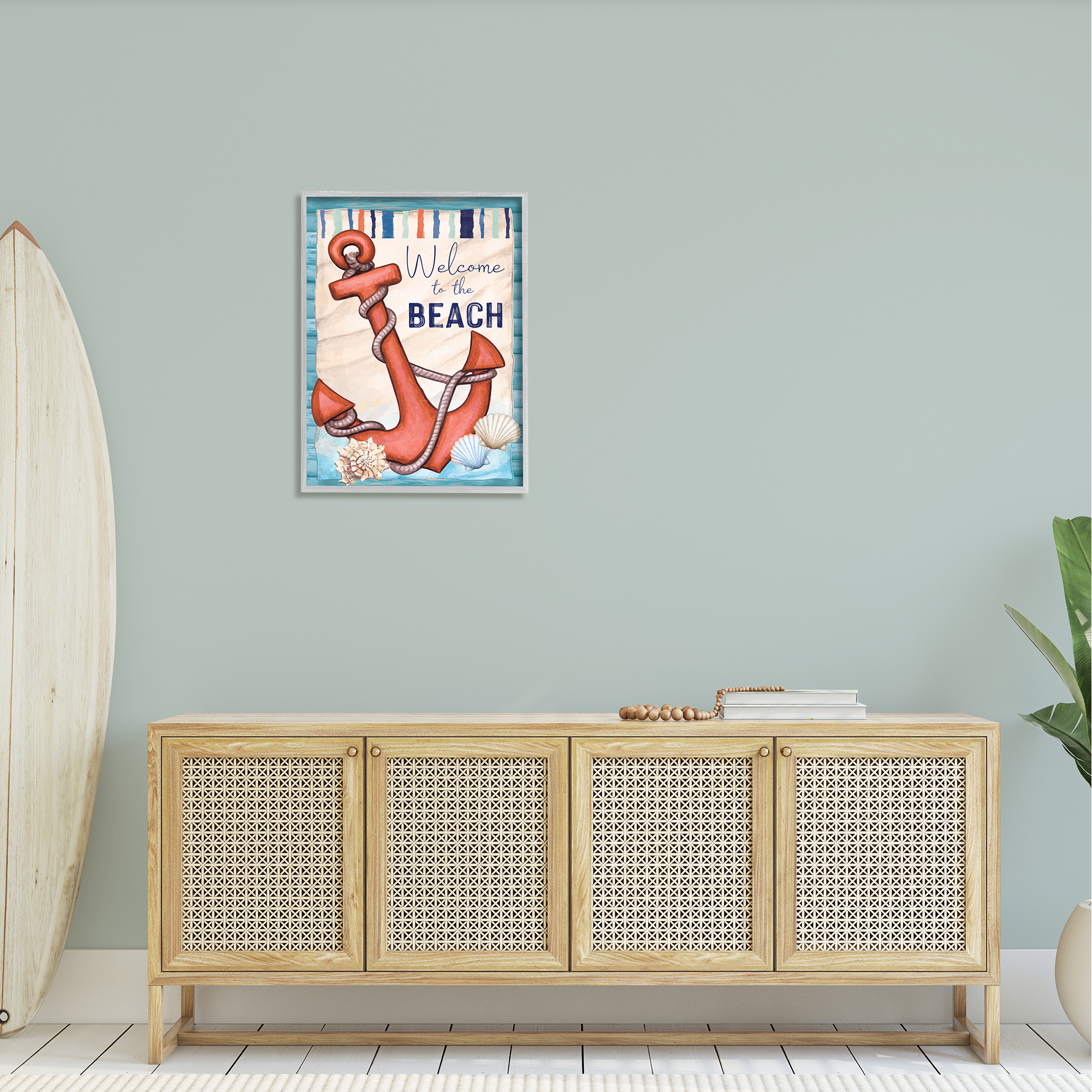 Stupell Welcome To Beach Nautical Anchor Stripes Landscape Painting Gray Framed Art Print Wall Art