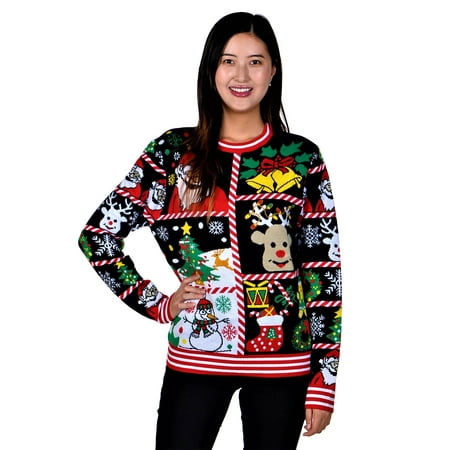 Tacky Christmas Sweater Sale SoCal Look Women's Ugly Christmas Sweaters Santa Clause Snowman Black ()