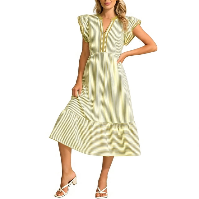 WRKEKC Robes Midi pour Femmes à Rayures à Double Volant Manches Courtes Col en V Midi Entretien Facile Extensible Confort Chic Doux