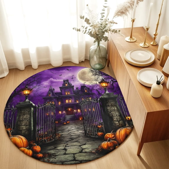 Round Rugs 3Ft, Halloween Round Area Rug Washable Indoor Throw Carpet, Spooky Pumpkins Ghost Castle Vintage Moonlight Small Non Slip Circle Rug for Bedroom Living Room Home Decor Aesthetic