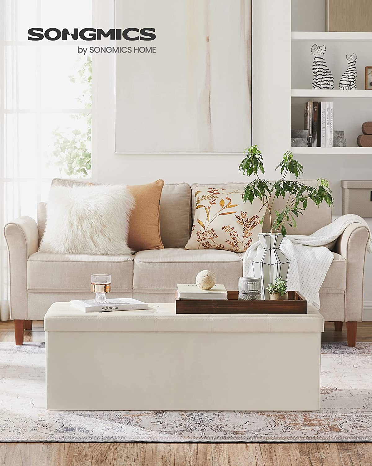 SONGMICS 43" Storage Ottoman Bench Leather Ottoman with Storage Hold up to 660lb Footstools for Bedroom Beige