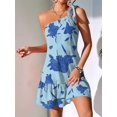 thumbnail image 4 of Women'S One Shoulder Leaf Print Self-Tie Short Dress Sleeveless Tiered Hem Formal Dress Blue L, 4 of 9