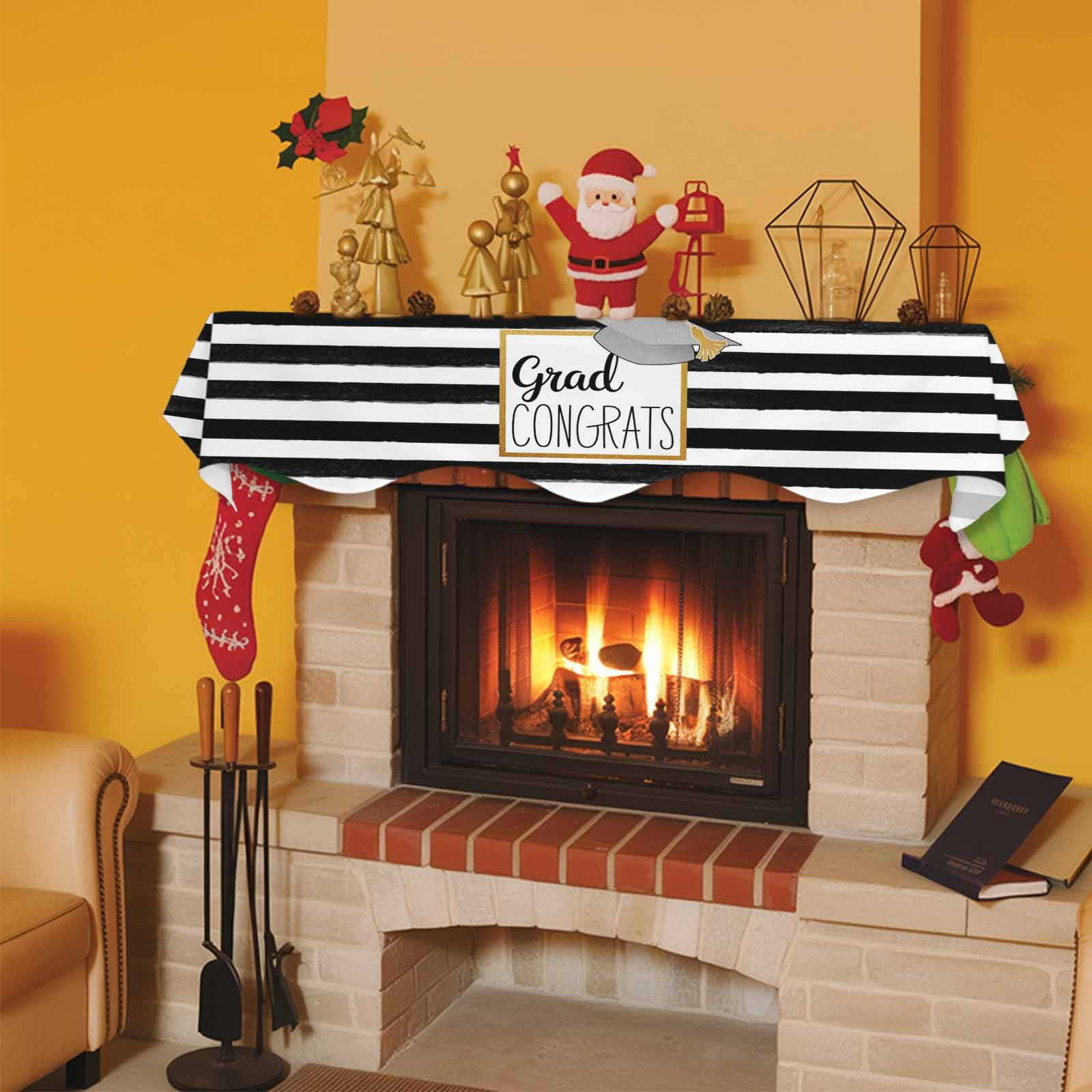 Graduation Trencher Cap Fireplace Mantel Scarf Table Runner, Farmhouse White Black Horizontal Stripes Winter Garland Mantel Top Tablerunners Dresser Scarves Cover Decor for Party Living Room 60"x17"