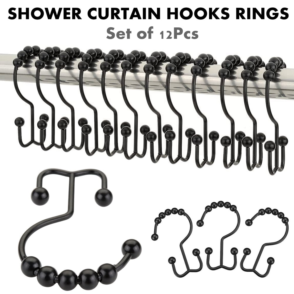 Set Of 12 Curtain Hanging Hooks Shower, Matte Black Double Shower Curtain Hooks