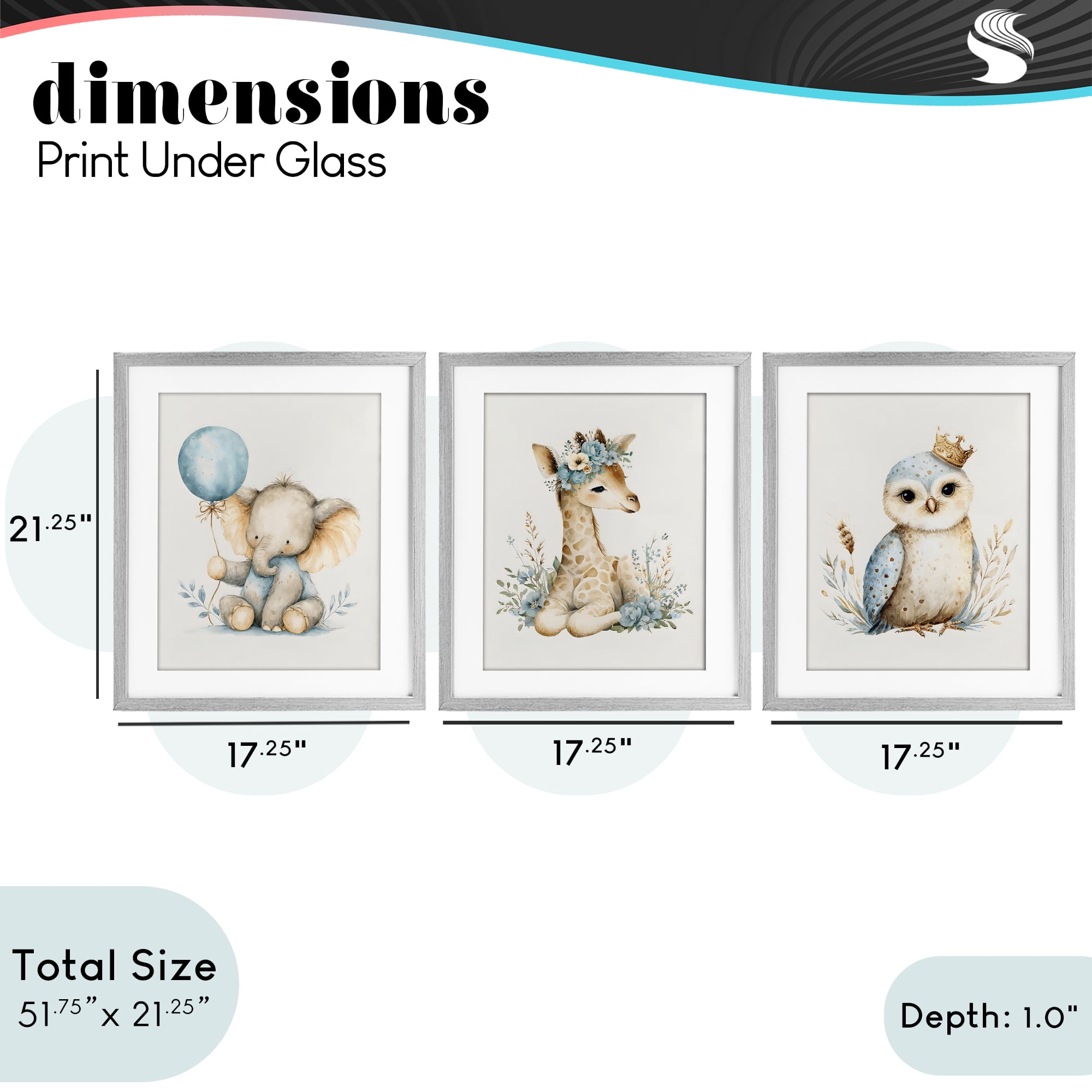 Stupell Industries Watercolor Nursery Animals 3 Piece Gray Framed Print Under Glass Set, design by LSR Design Studio
