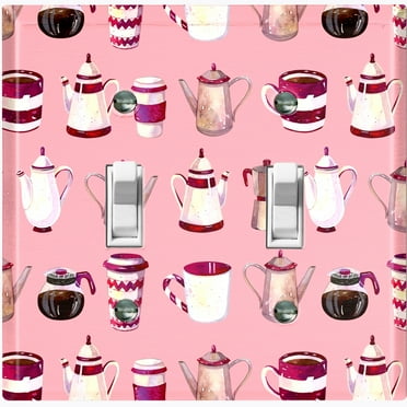 Metal Light Switch Wall Plate Outlet Cover (Coffee Mocha Espresso Tea Pot Kettle Maker Festive Cup Pink Pattern - Double Toggle)