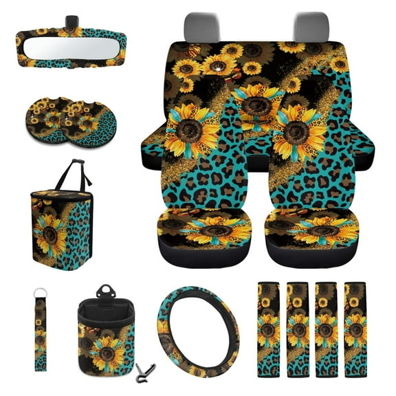 Yuyamidu 15 PCS Leopard Print Car Seat Cover Set Sunflower Steering Wheel Cover Seat Belt Pad Cover Trash Bin Rear View Mirror Cover Cup Holders Keychain Air Vent Storage Holder Car Decor
