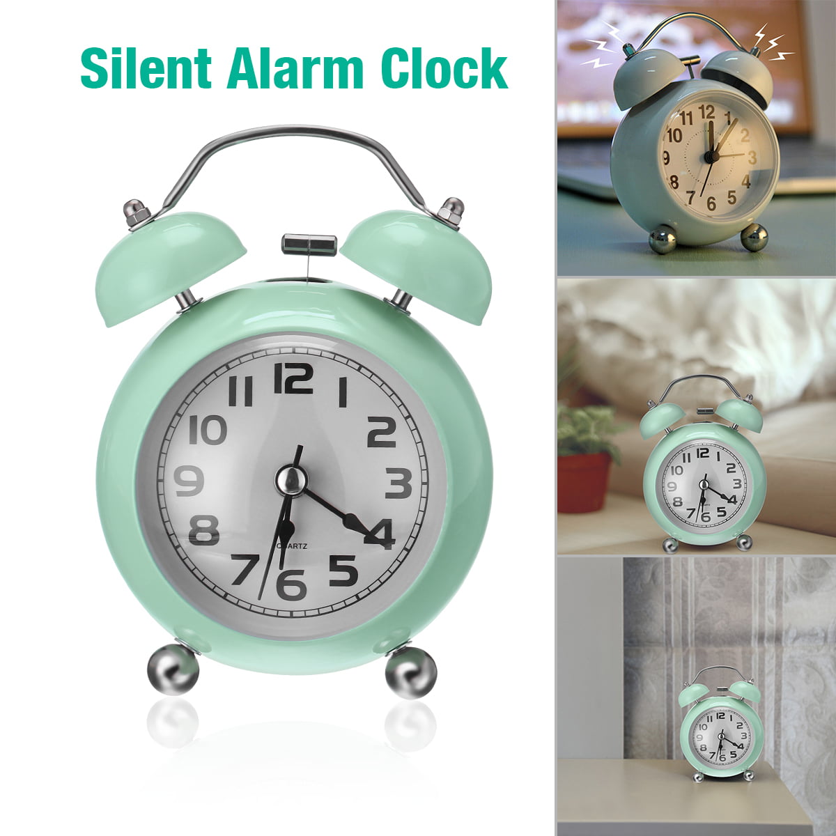 Mini Twin Bell Mute Analog Quartz Alarm Clock with Nightlight for Bedroom 
