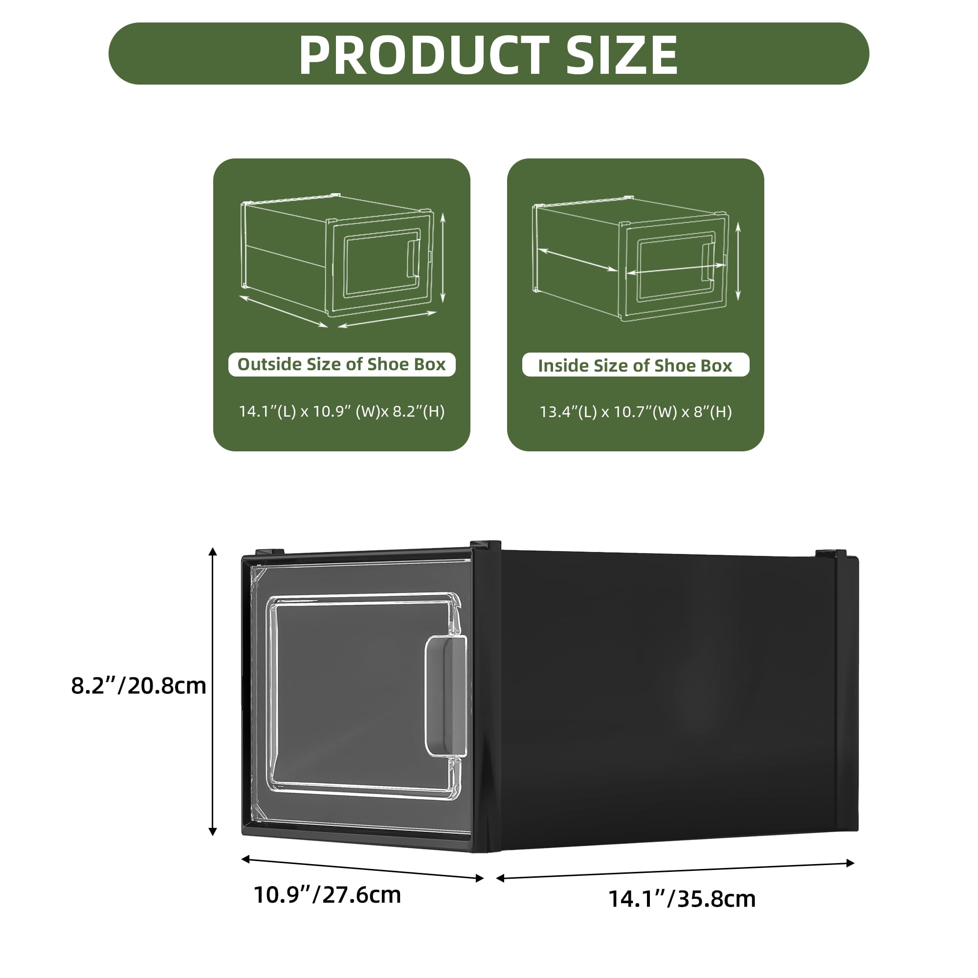 Uforic XL Shoe Storage Box, 18 Pack Stackable Clear Plastic Shoe Organizer Box with Lids,for Entryway Hallway, Black