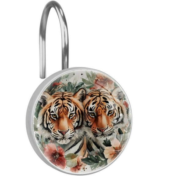 Tigers with Flowers Watercolor Shower Curtain Hooks Round Crystal Glass, Set of 12 Shower Curtain Rings - Shower Hooks for Curtain Shower Rings