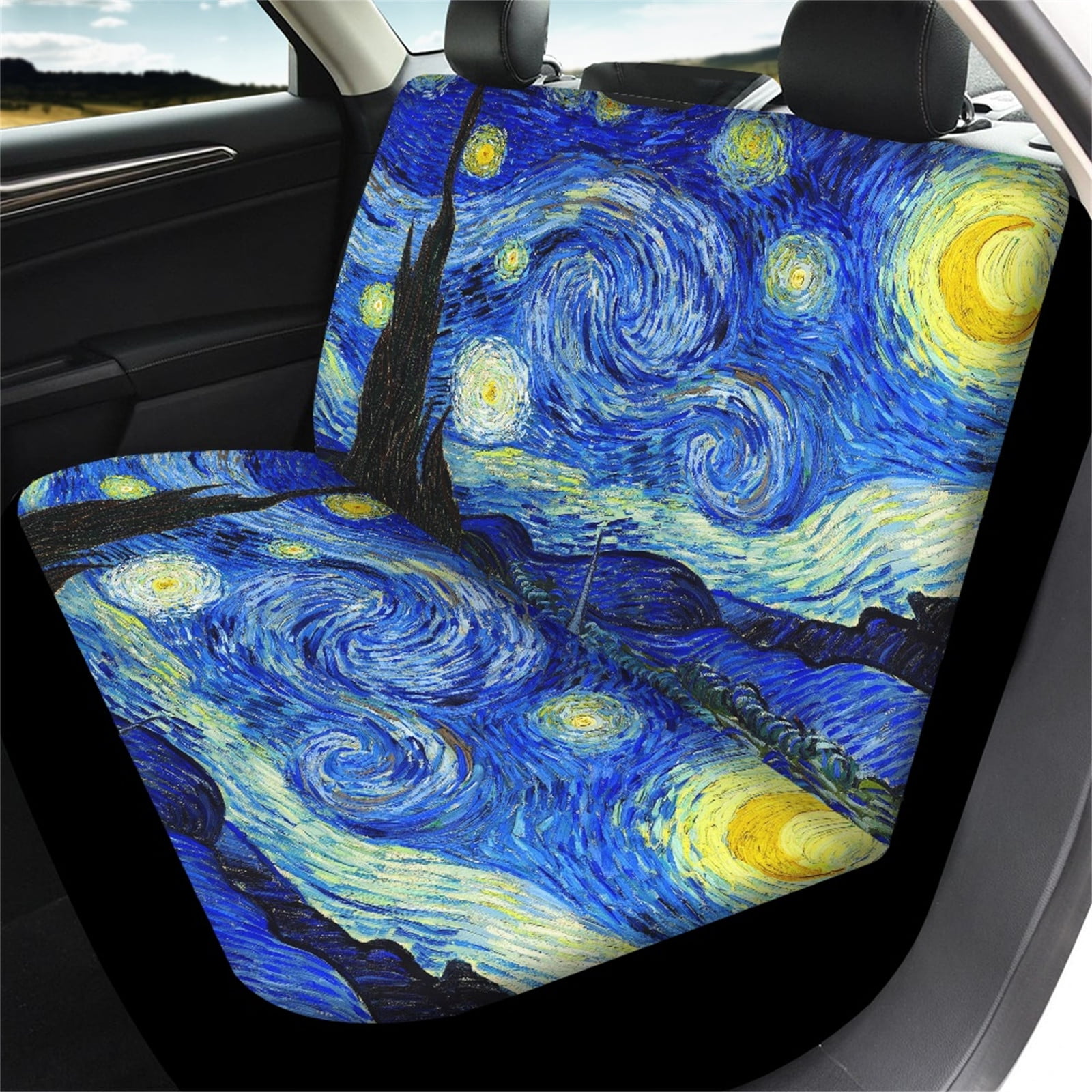 ZDCUSTOM Van Gogh Starry Night Auto Accessories Interior Decor 4 Pcs,  Automobile Front Seat Covers with Matching Rear Split Bench Car Seat Cover