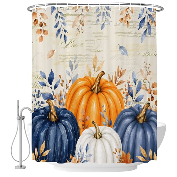 Decorative Shower Curtain Farmhouse Fabric Waterproof Bath Shower Curtains Bathroom Accessories Navy Blue Pumpkins Fall Machine Washable Curtain 72x78 Inch for Home Hotel Thanksgiving Weeping Leaves