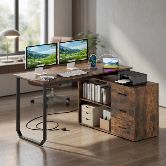 Resenkos 55 Inch Reversible L Shaped Table with 3 Drawers, Desk with Adjustable Shelf and Power Outlets for Home. Office, Rustic Brown