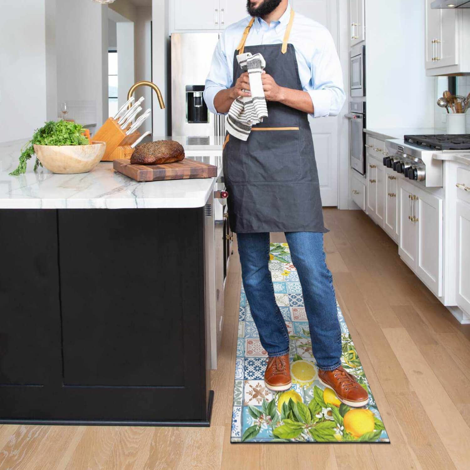 Lemon Kitchen Mat Set of 2,Boho Lemon Kitchen Rugs and Mats Non Skid Washable,Bohemian Kitchen Runner Rugs with Rubber Backing (17"x48"+17"x30")