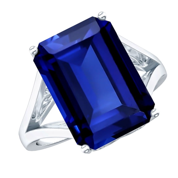 Rosec Jewels Lab Grown Sapphire Ring Emerald Cut (9 Ct, 10X14 mm, AAAA Quality) - Big Sapphire Cocktail Ring with Jewelry Box, 925 Sterling Silver, US 4.00