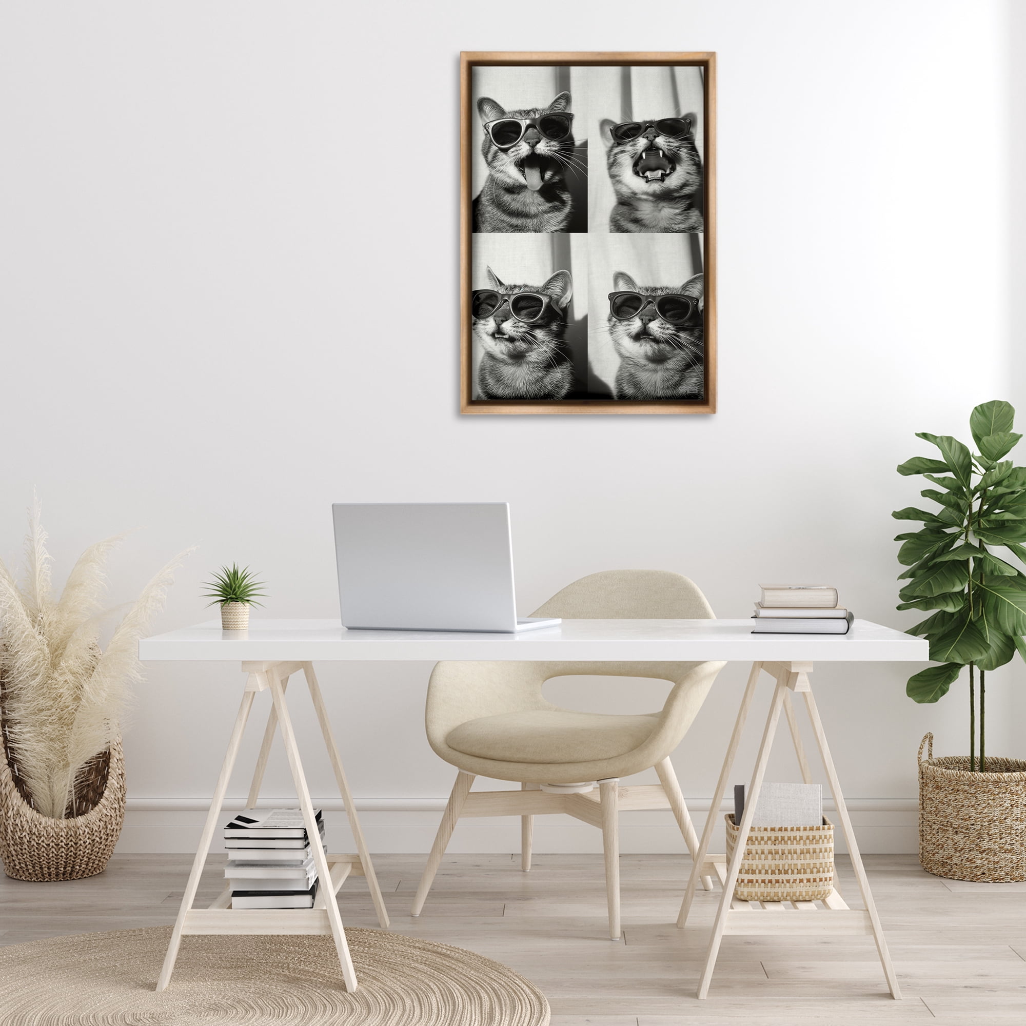 Stupell Industries Photobooth Style Cat Novelty Painting Brown Floater Framed Art Print Wall Art, 21 x 31