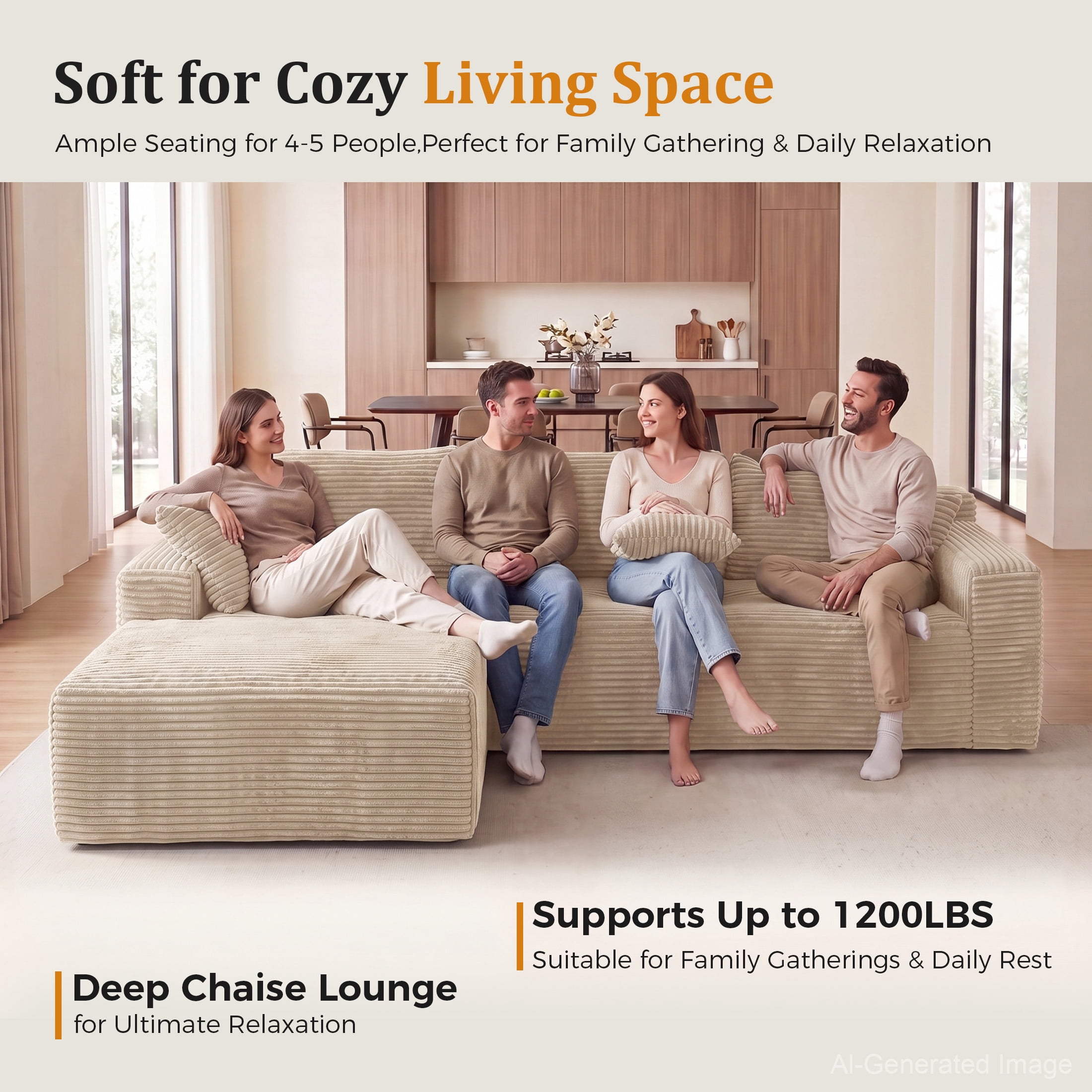 Aenkyo 106 Inch Corduroy L-Shaped Cloud Sectional Sofa with Reversible Chaise, Camel