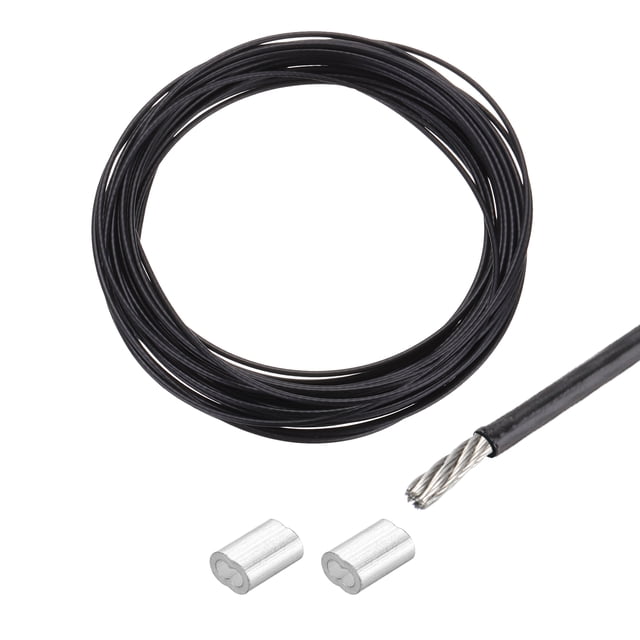 Cuerda de alambre de 16 pies (5 m) de acero inoxidable 304 recubierta de vinilo de 3/64" (1.2 mm) con 2 mangas de aluminio negras