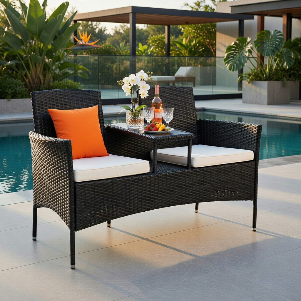Hommoo Wicker Patio Conversation Set, Weather-Resistant Rattan Sofa with Removable Cushions, Tempered Glass Table, and Steel Frame for Backyard, Poolside or Balcony, White