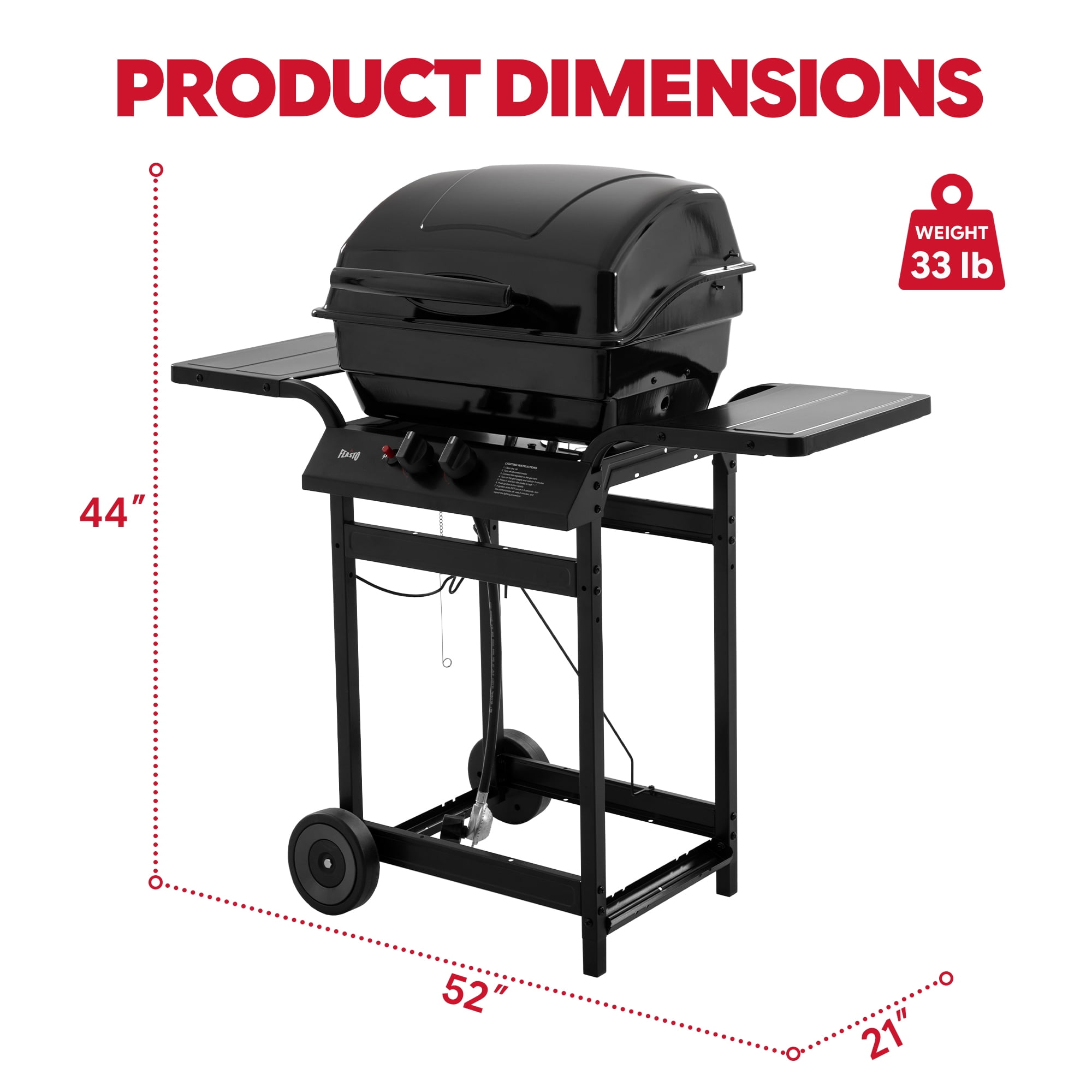 FEASTO 2-Burner Propane Grill - 26,500 BTU Compact BBQ with Side Shelves, Ideal for Balcony, Small Patio & Tailgating