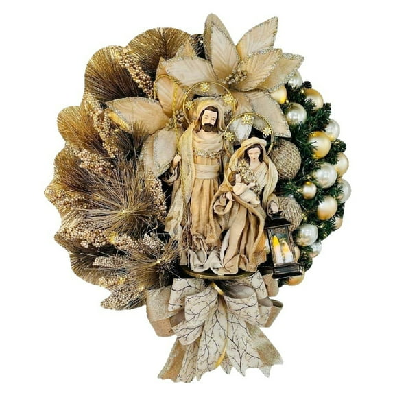 Small Flat Wooden Wreaths Sign Decorations 12" Christmas Wreaths for Front Door with Gold Flowers Berries Christmas Balls Bows Holiday Decorations