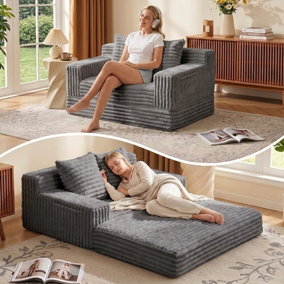JUIKURY Boneless Loveseat Convertible Sofa Bed, Folding Floor Futon Sleeper Sofa Couch Bed, Grey