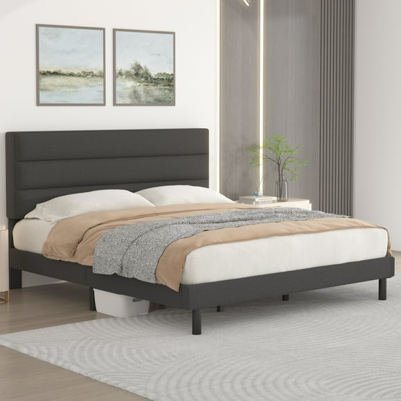 Twin Bed Frame, Twin Size Platform Bed With Fabric Upholstered Headboard, Dark Gray