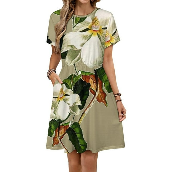 Vintage White Magnolia Pattern on Khaki Background Short Sleeve Dress Women Summer Evening Dresses Ladies Sundress