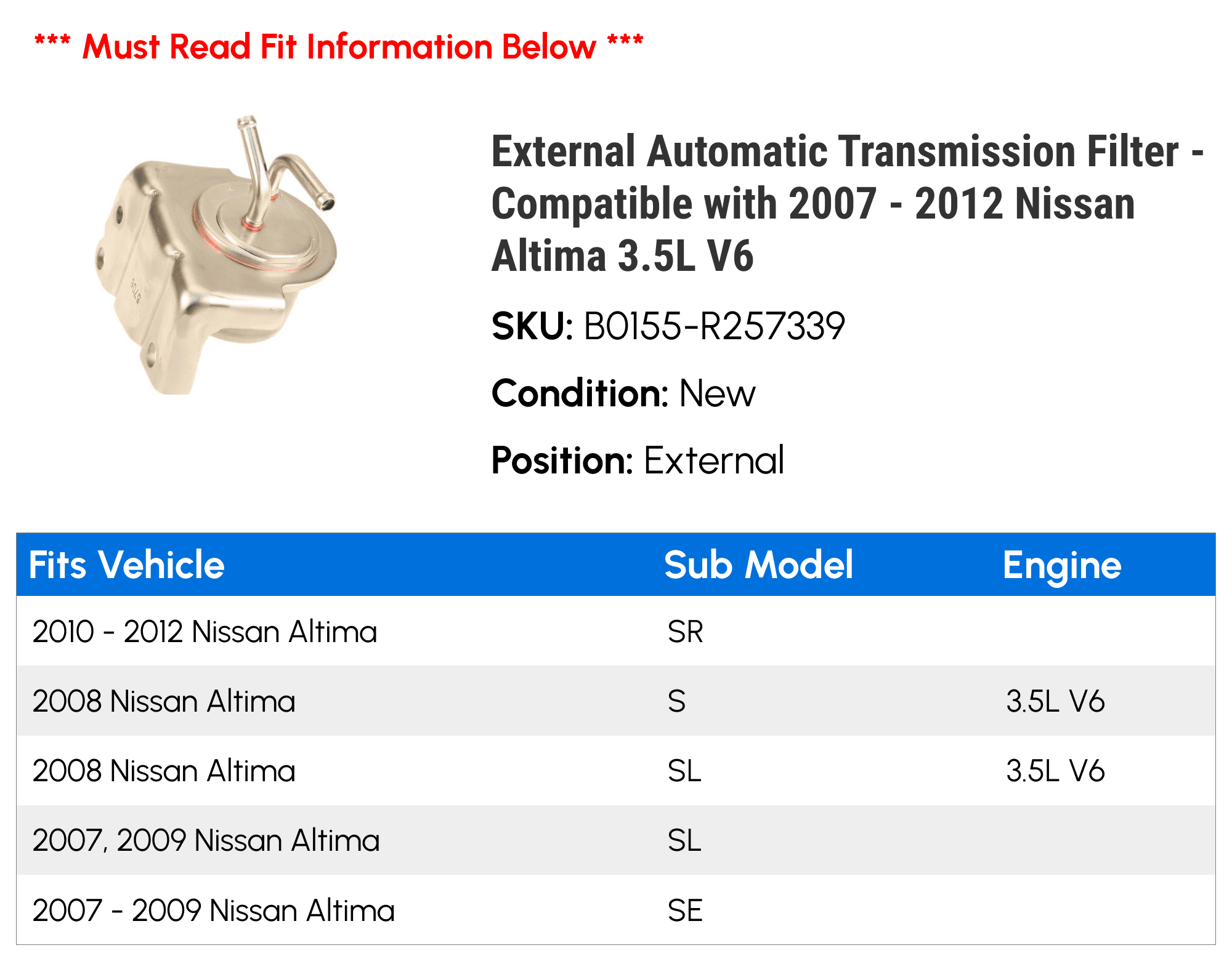 External Automatic Transmission Filter - Compatible with 2007 - 2012 Nissan Altima 3.5L V6 2008 2009 2010 2011
