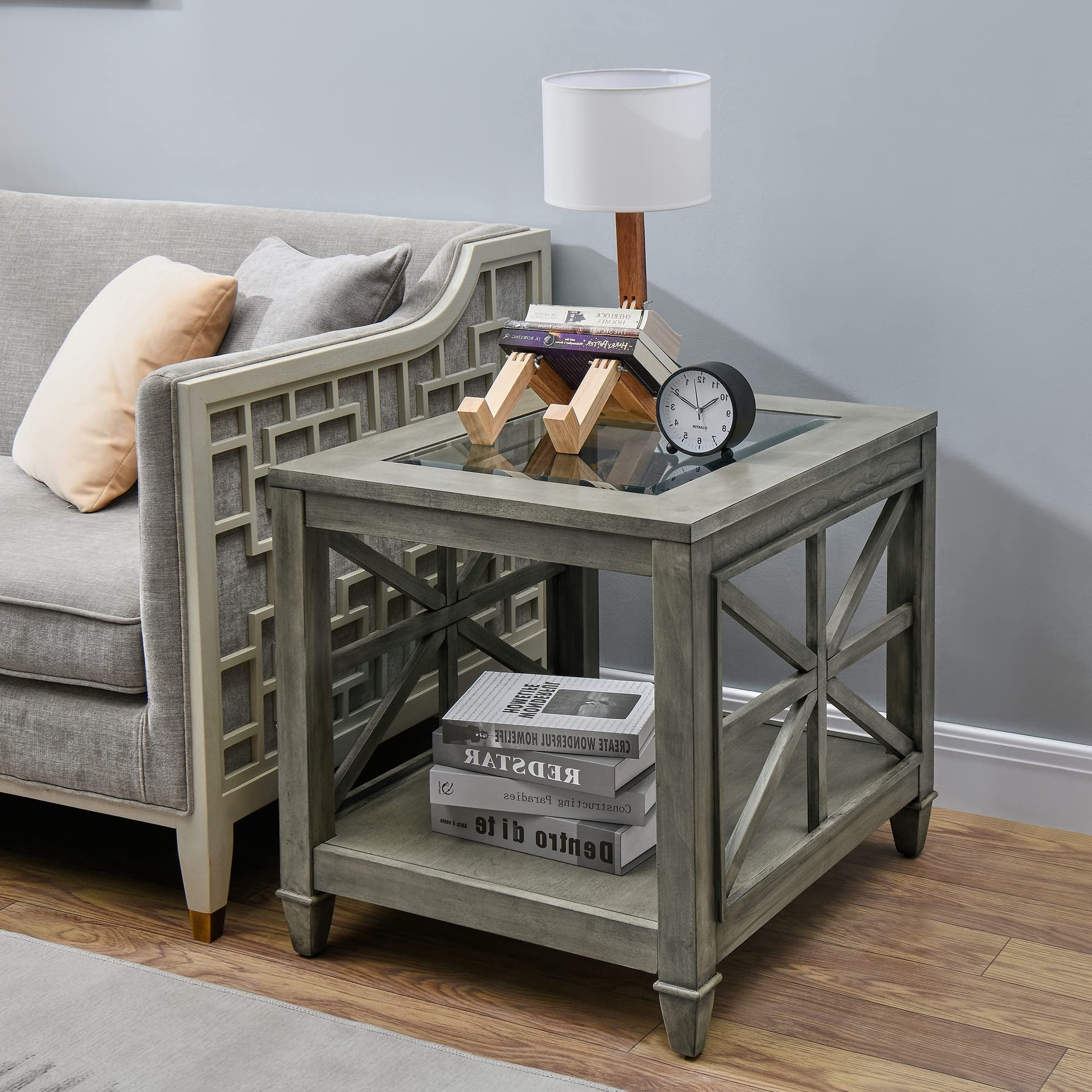 JESONVID Farmhouse End Table Living Room, Furniture Solid Wood Square Large Side Tables with Storage Chairside Coffee Table Tempered Glass Top Design Antique Gray