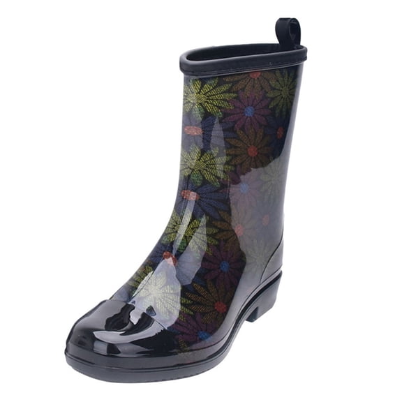 Women Floral Leopard Print Glossy Mid Calf Rain Boots Low Block Heel Non Slip Waterproof PVC Wellies for Gardening Daily Rainy Fashion Outfits Black 36