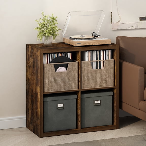 Furinno CUBICLE Vintage Vinyl Record Media Storage Organizer 4-Cube Amber Pine