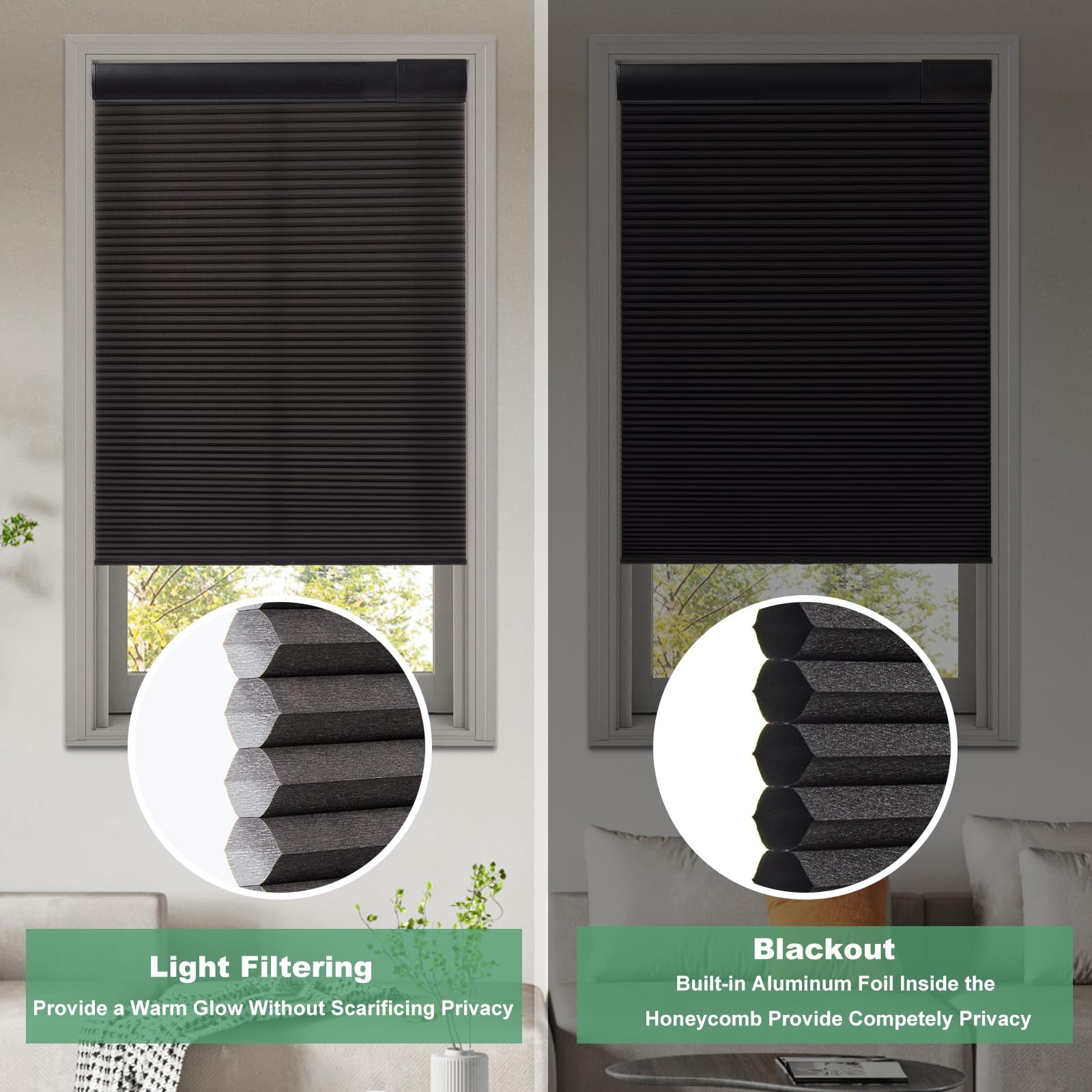 No Drill Cellular Shades For Indoor Windows  Thermal Insulating & Noise Reducing Honeycomb Blinds Free Stop Cordless Blackout Black 18 1/2" W X 64" H