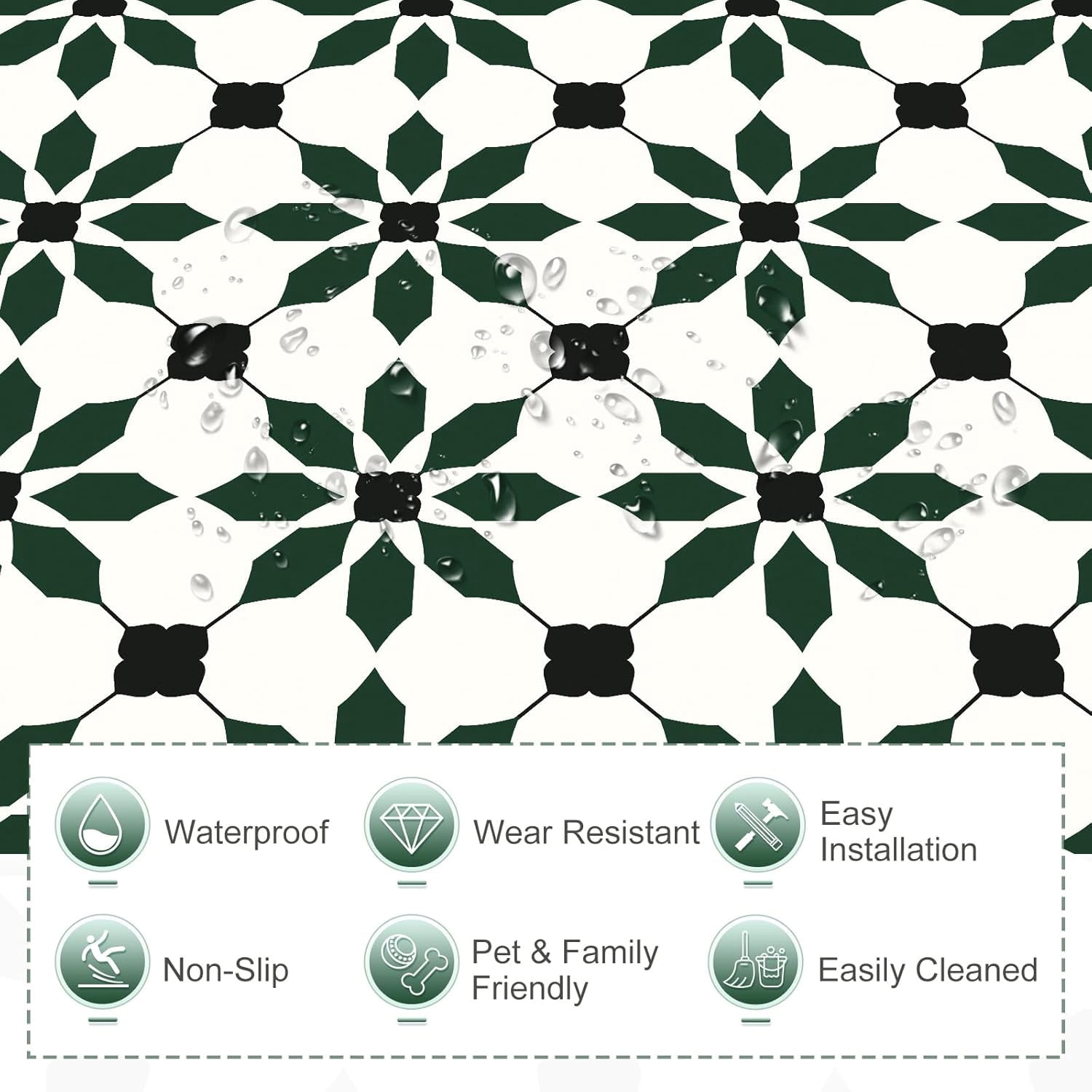 MORCART 7.87" x 7.87" Peel and Stick Floor Tile, 40 PCS Self-Adhesive DIY Vinyl Flooring for Renters, Removable and Waterproof Tile Sticker for Bathroom, Kitchen, Staircase(Black Green)
