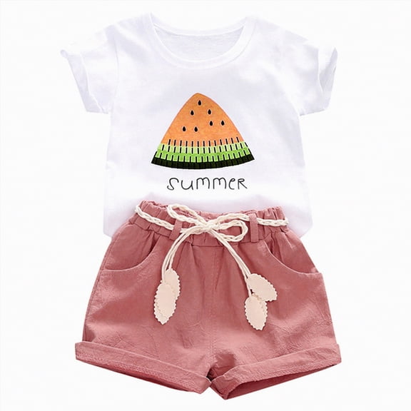 Hessimy Girls 2 Piece Summer Outfits Kids Short Sleeve T-Shirts and Elastic Waist Shorts Clothing Sets(Pink,6-12 Months)