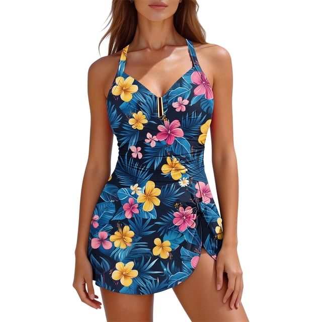 POUNOO Womens Floral Swimdresses Slim Fit Halter Neck Floral Print Ruched Detail Skirted Bottom Bathing Suits Beach Style One Piece Swimsuits Gift