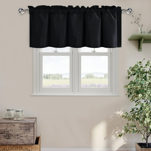 Hiasan Black Valance Short Curtains for kitchen - Polyester Rod Pocket Valances Solid Curtain for Farmhouse Window, 52 x 18 inch, 1 Panel