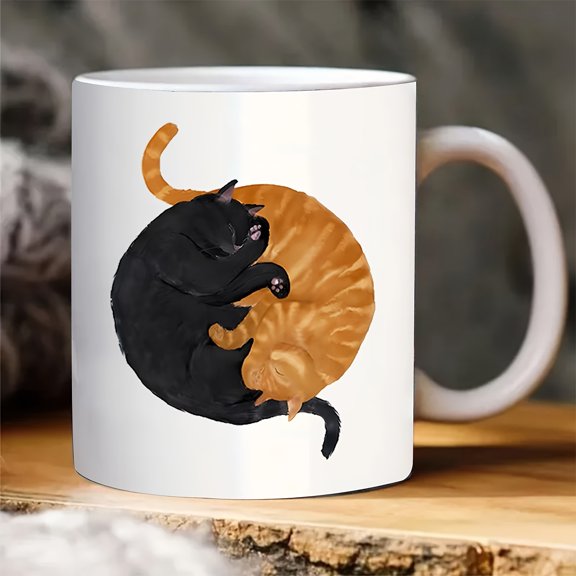 1pc, Sleeping Ginger and Black Cat Mug, Two Cats Mug, Cuddled Cats, Animal Lover, Cute Coffee Mug, Cat Lover Gift, Funny Gift, Tea Cup, 11oz Ceramic Coffee Mug Double-sided Design, Drinkware, Home