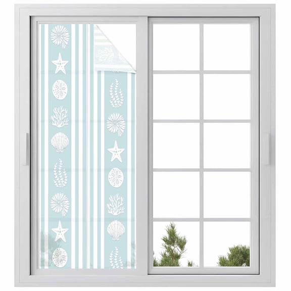 Sky Blue Striped Coastal Privacy Window Film, Decorative Frosted Glass Window Film, Nautical Beach Starfish Shell Reusable Peel and Stick Static Cling for Home Bathroom Office Glass Door 23.6"x59"