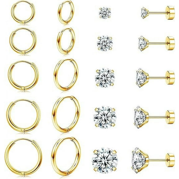 Cterwk 10 Pairs Earrings Sets for Multiple Piercing, 14K Gold Plated Small Huggie Hoop Earrings, Flat Back Ball CZ Stud Earrings