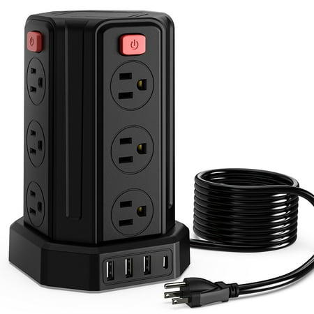 Power Strips Tower 12 Outlets Surge Protector with 4 USB Port and 10ft Extension Cord, Black