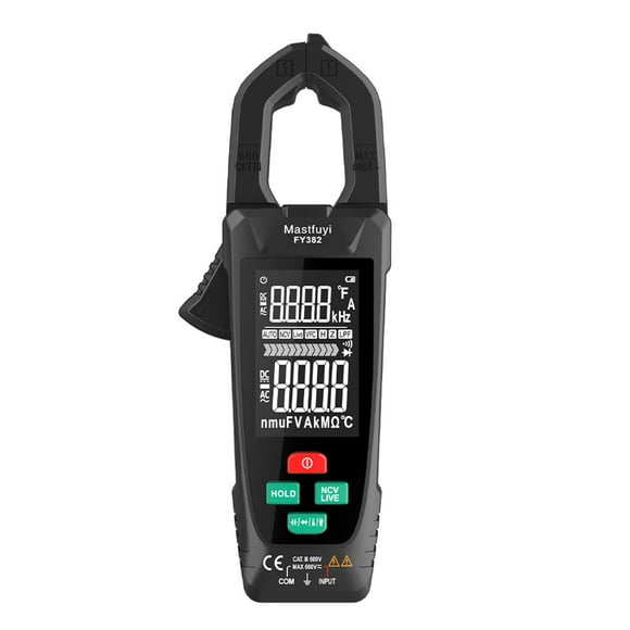 Mastfuyi FY382 Smart Clamp Meter with LCD Display, Flashlight, and Multifunctional Testing for AC/DC Voltage, Current, Temperature, Capacitance, Resistance, Continuity, Diode, and Frequency - Black