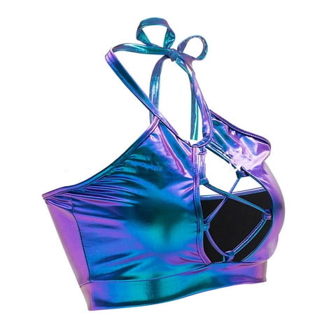 

dtydtpe underwear women women s shiny bra rave bandeau vest bra holographic crop top backless metallic rave suit blue