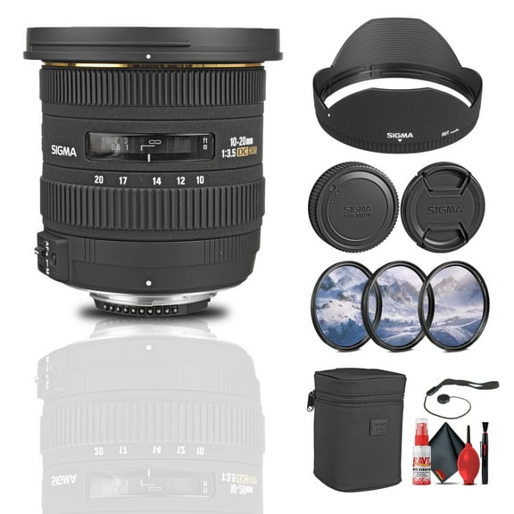 Sigma 10-20mm F/3.5 EX DC HSM Lens for Nikon F (202306) Bundle: Lens Hood, Lens Case, 3-Piece Filter Kit, Front and Rear Lens Caps, Full Cleaning Kit, Lens Cap Keeper