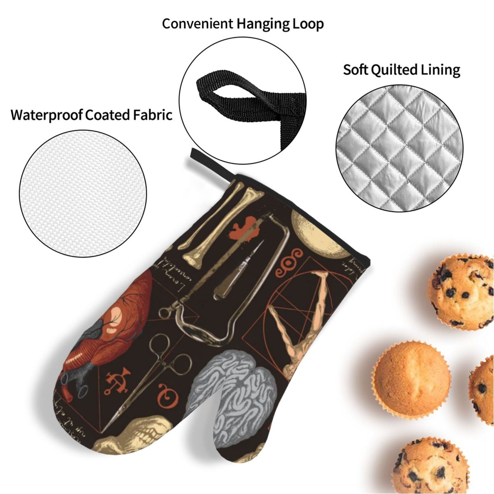 Retro Bones Organs Skull 4Pcs Oven Mitts and Pot Holders Sets Oven Kitchen Gloves Hot Pads for Cooking BBQ Baking Grilling