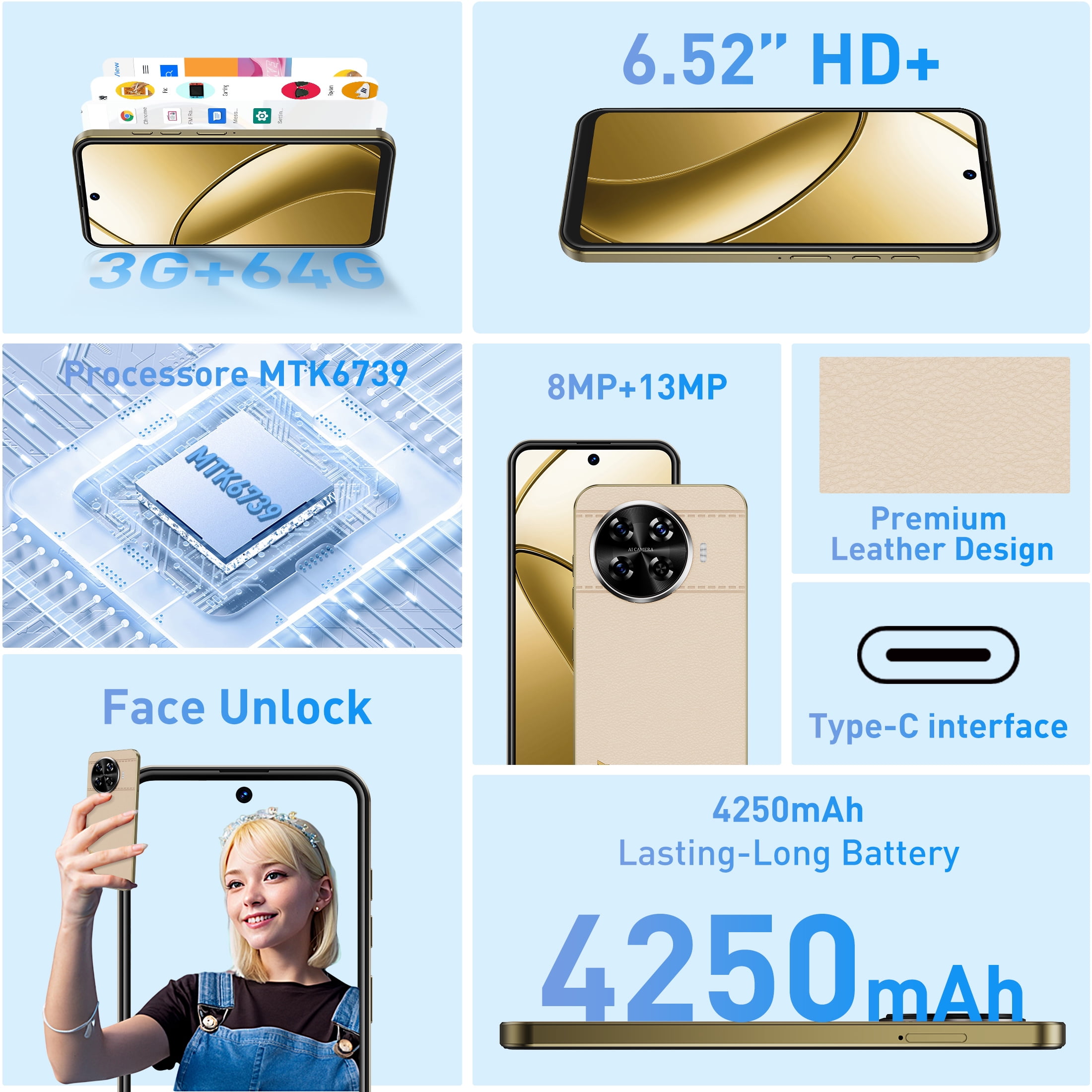 XGODY 4G Only T-Mobile Unlocked Cell Phones, 64GB Unlocked Android Phones, 6.528" Smartphone, 4250mAh Battery, 13MP & 8MP Camera, Beige