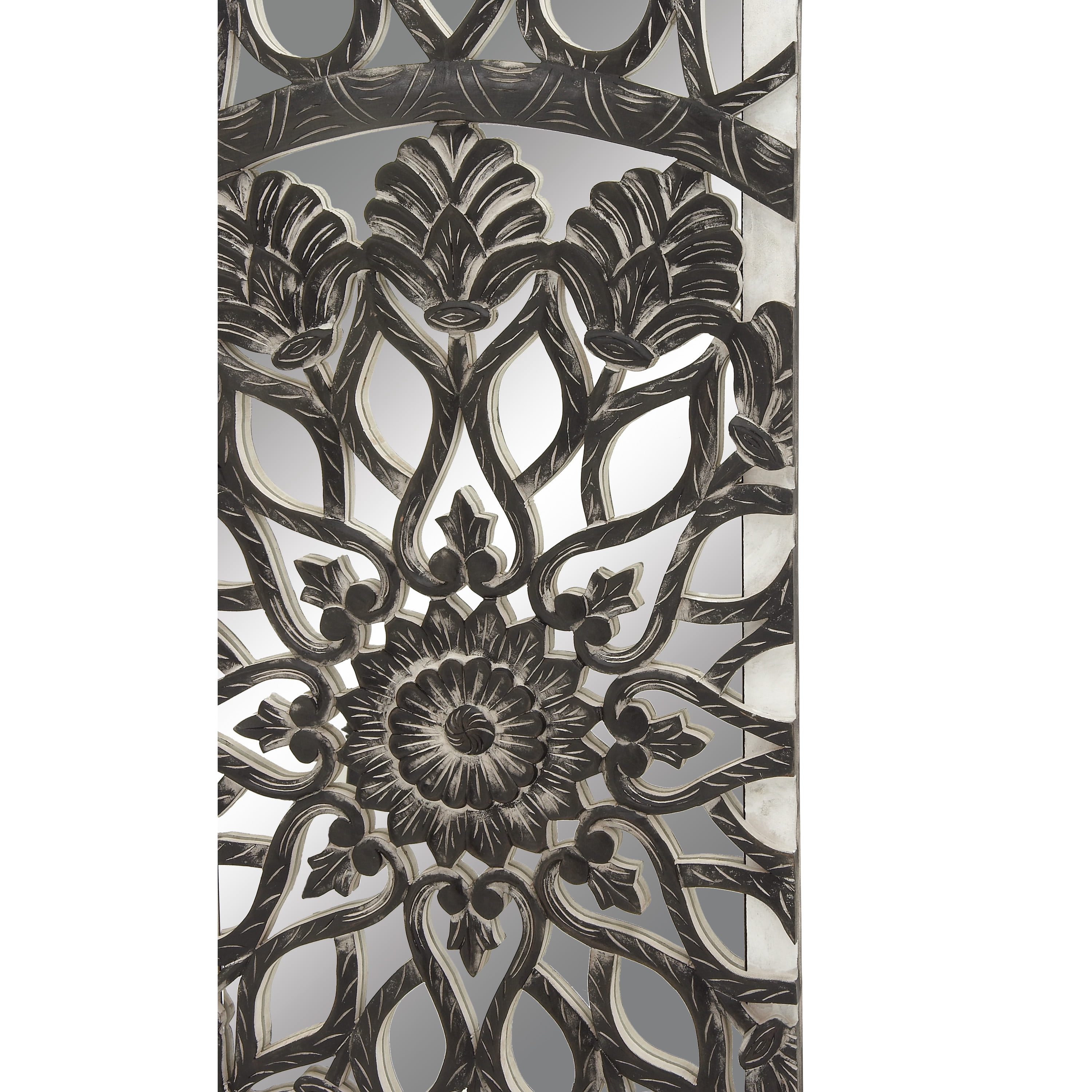 DecMode Black Wooden Handmade Carved Mandala Floral Wall Decor with Mirrored Back Frame (3 Count)