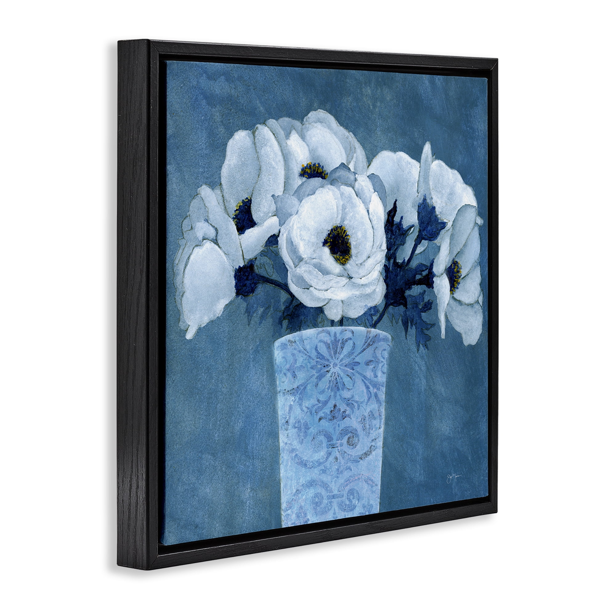 Stupell Industries Patterned Vase Flowers Plants & Flowers Painting Black Floater Framed Canvas Art Print Wall Art, 18 x 18